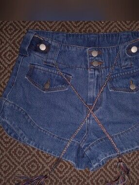 Cropped Blue Denim Shorts with Braided Tie Women's M